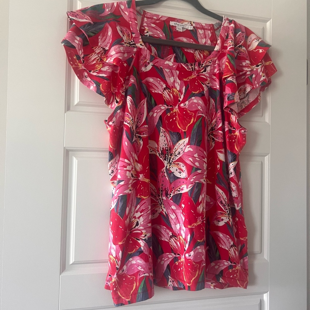 Chico's Floral Ruffle Sleeve Top - Red and Pink